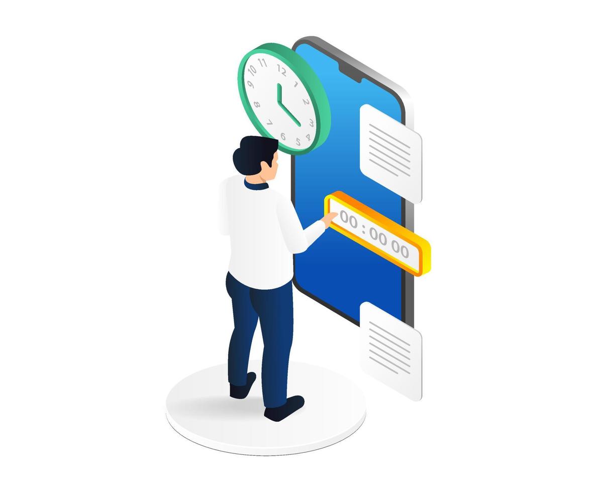 Isometric flat 3d illustration concept of man setting clock on smartphone vector