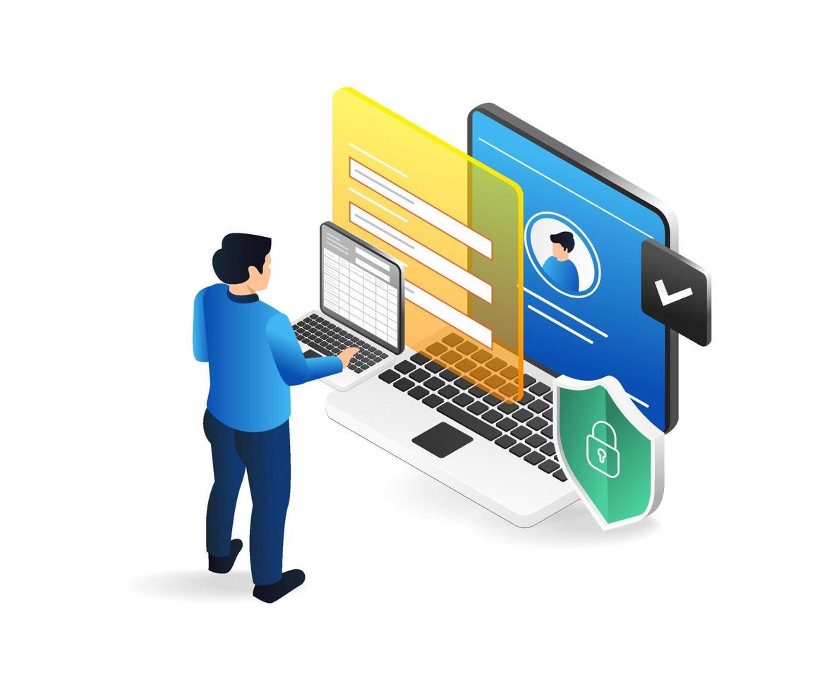 Isometric flat 3d illustration concept of man filling personal data form vector