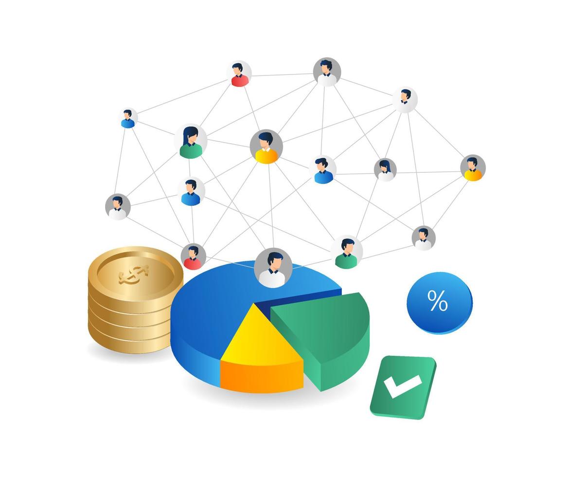 Isometric flat 3d illustration concept money business team network over pie chart vector