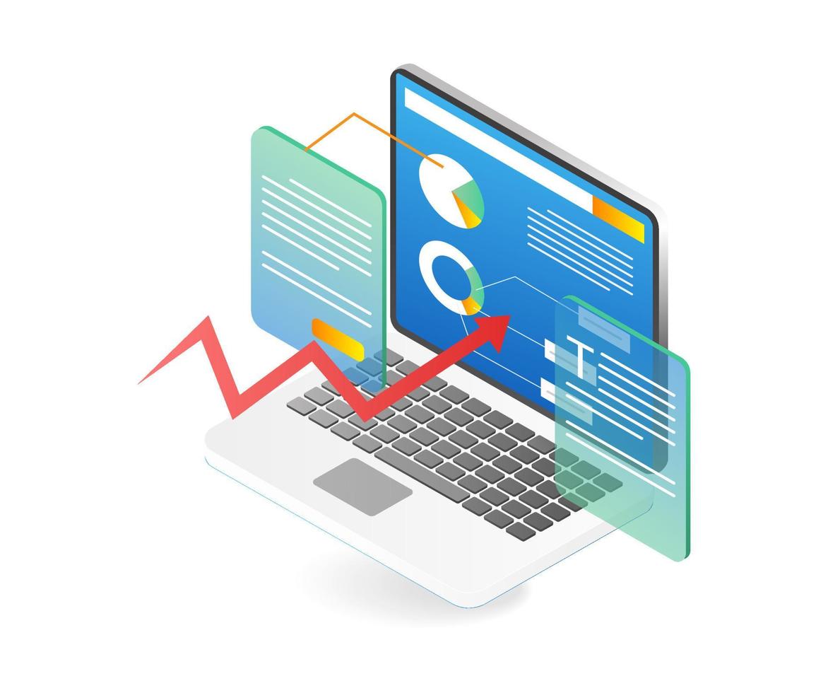 Isometric flat 3d illustration concept of computer data analysis pie chart vector