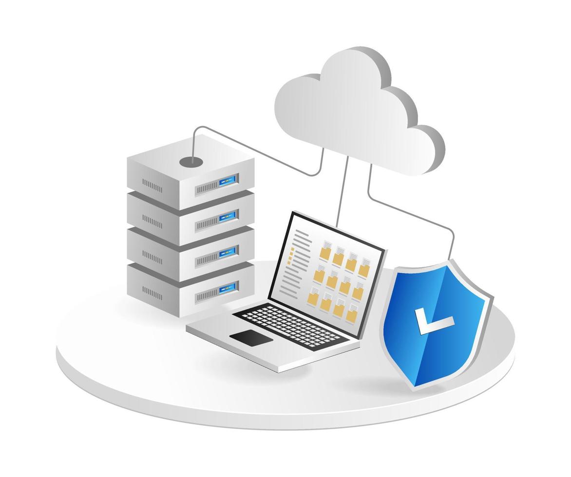 isométrica 3d plano ilustración concepto Tienda datos carpeta en nube servidor vector