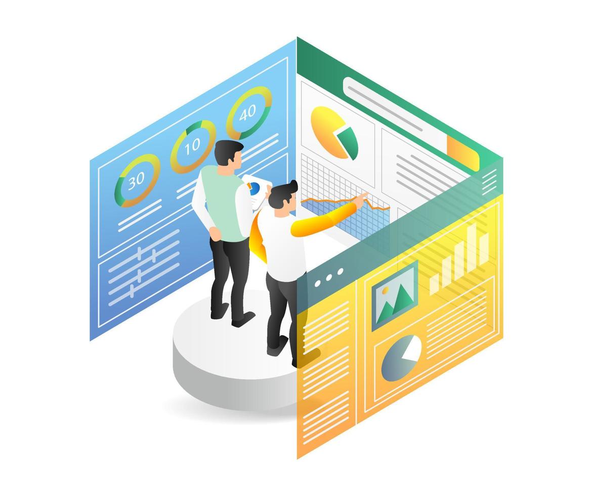 Isometric 3d flat illustration concept of two men analyzing data vector