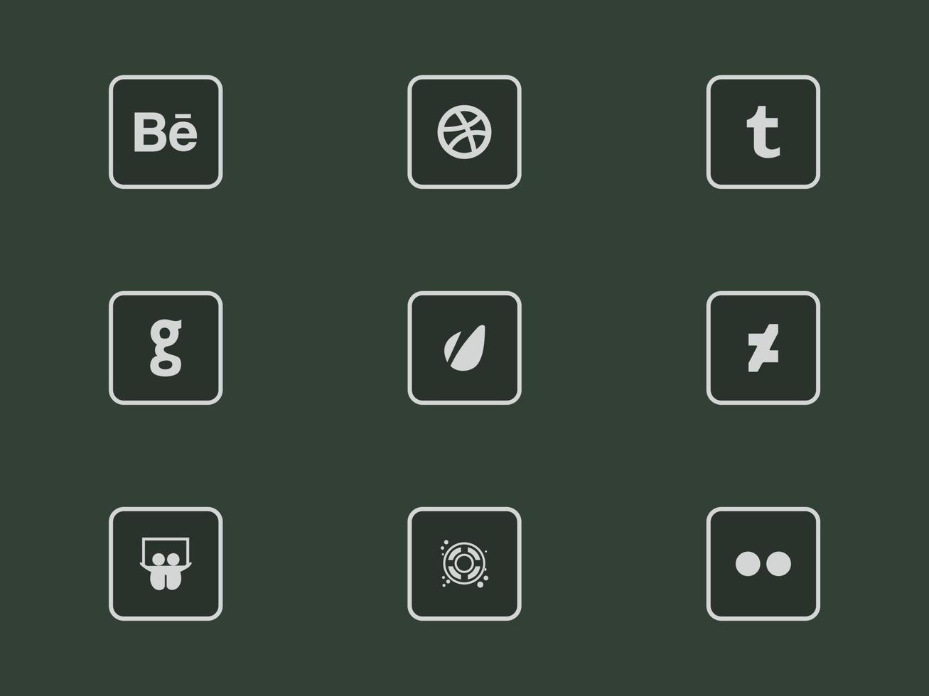 Social media portfolio site logotype set web icons. behance designfloat deviantart dribbble envato flikr github slidshare tumblr logo set. Social network web icons vector. vector
