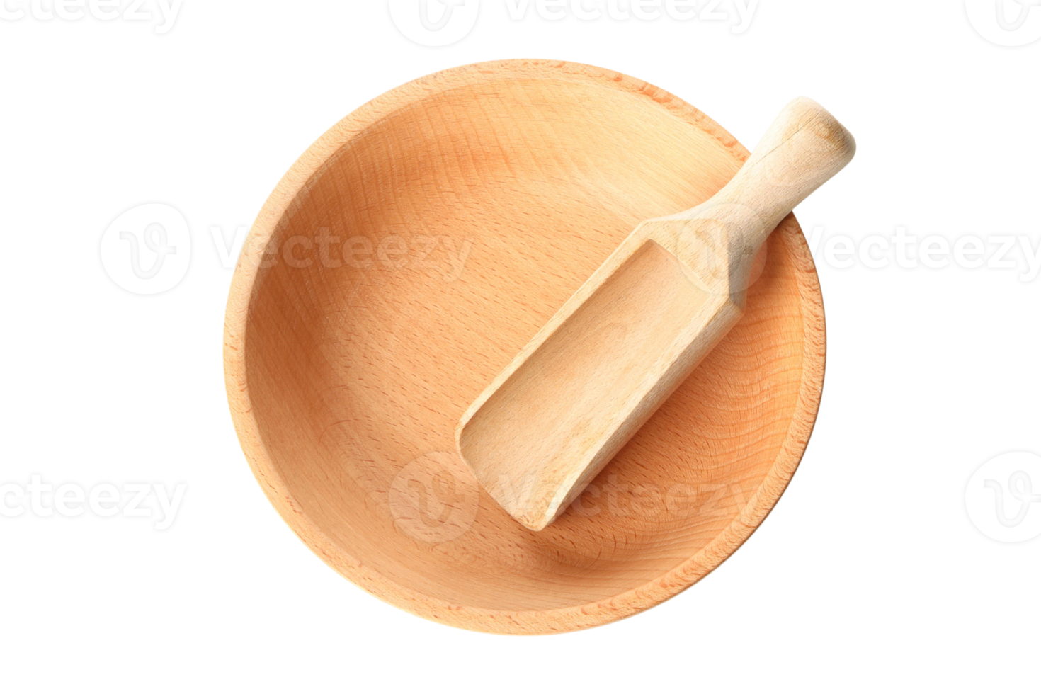 Beige wooden bowl and spoon isolated on a transparent png