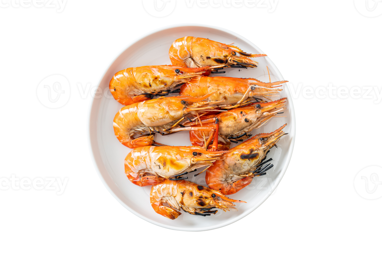 White plate with prawns isolated on a transparent background png