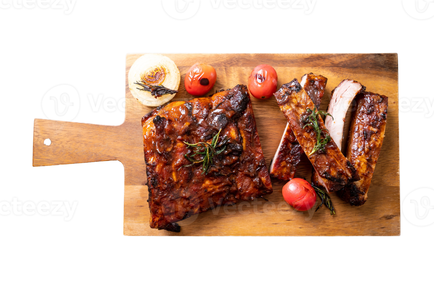 Wooden board with grilled beef and vegetables isolated on a transparent background png