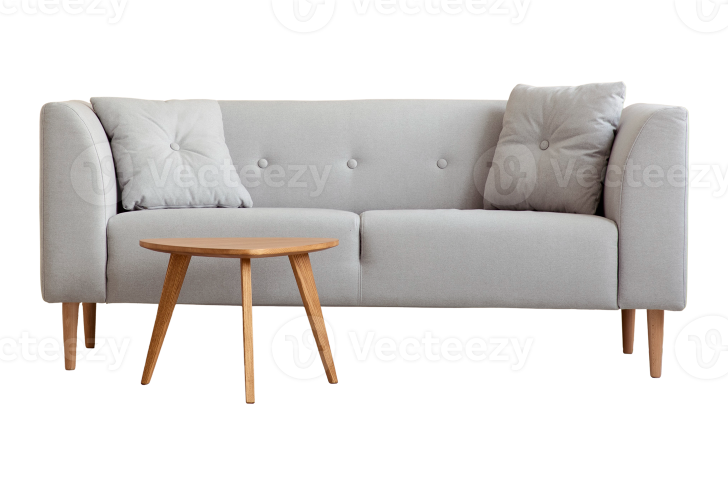 Gray sofa, cushions and wooden side table isolated on a transparent background png