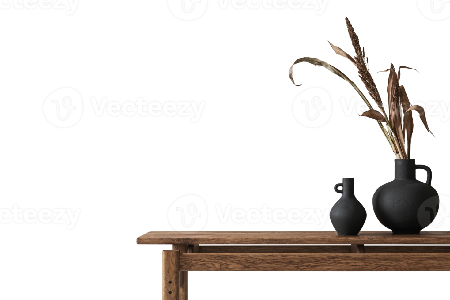 Brown wooden side table with black vases and dried leaves isolated on a transparent background png