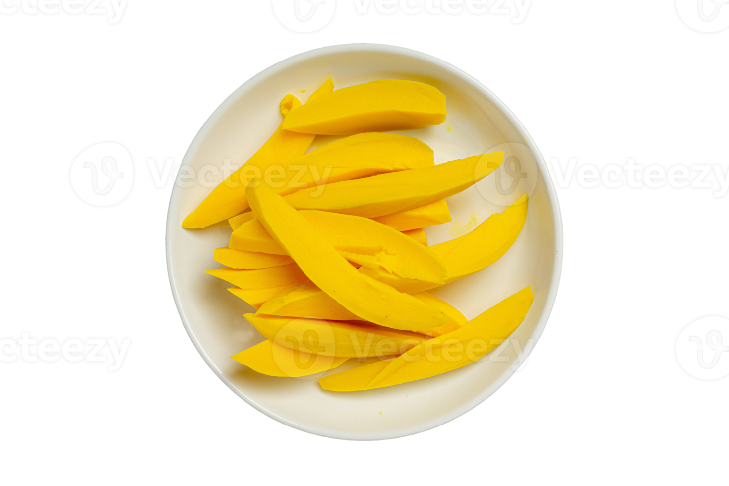 Slices of mango on a white bowl isolated on a transparent background png