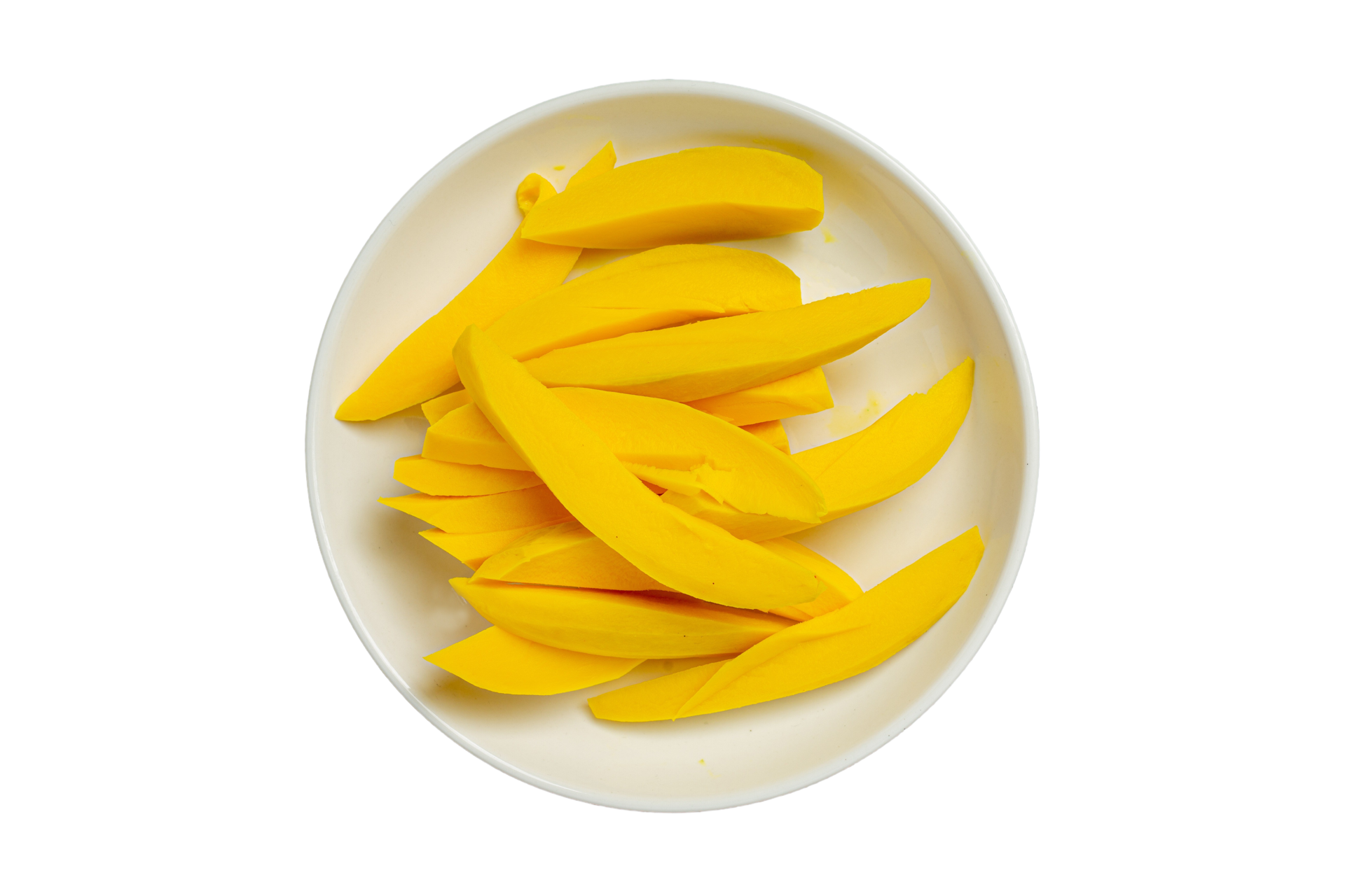 Slices of mango on a white bowl isolated on a transparent background