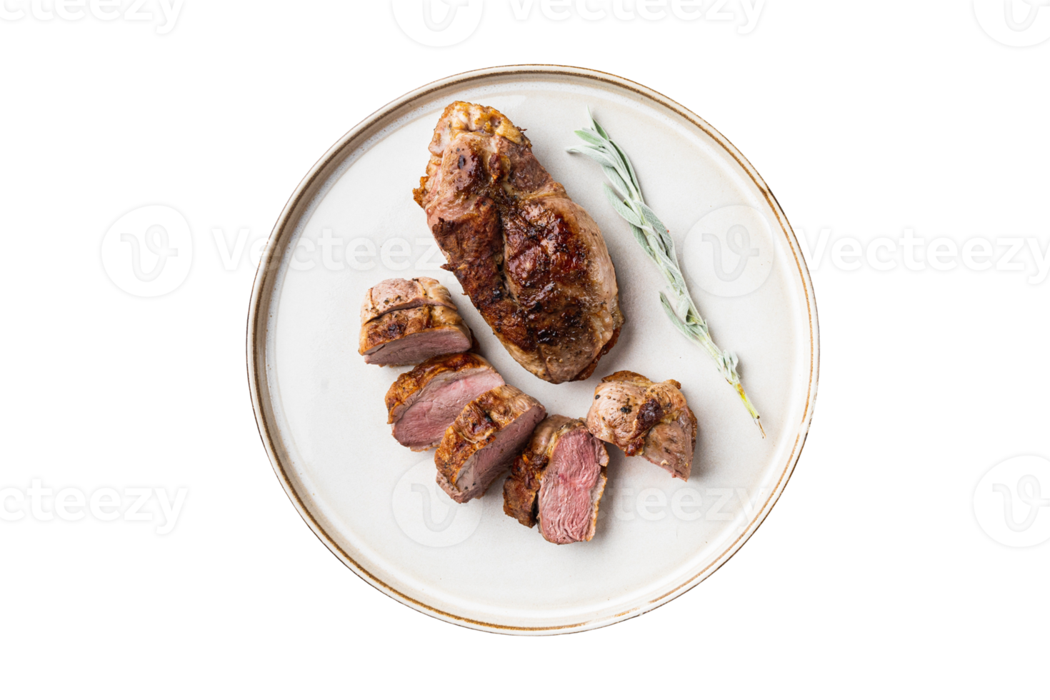 White plate with roast beef isolated on a transparent background
