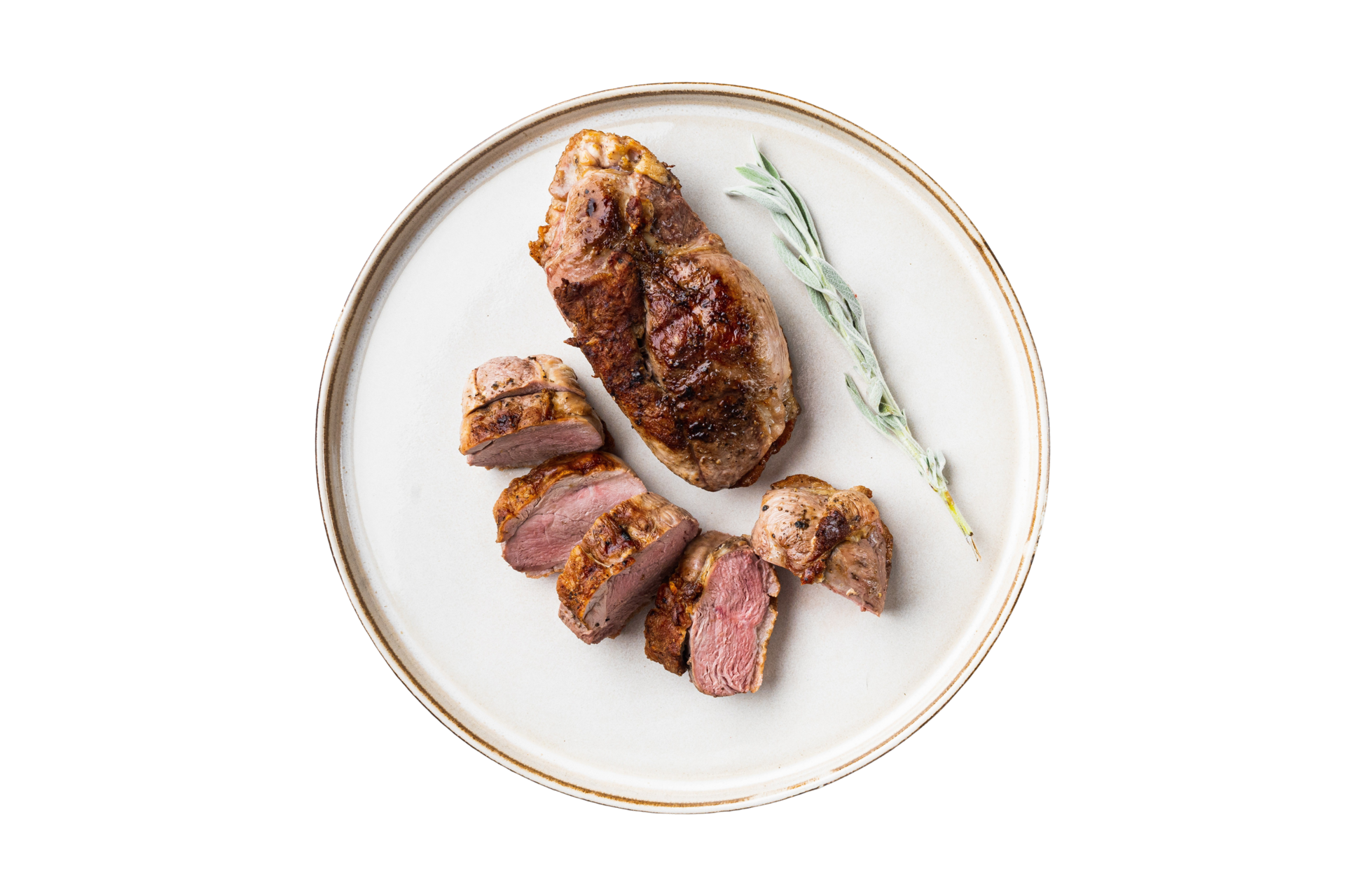 White plate with roast beef isolated on a transparent background