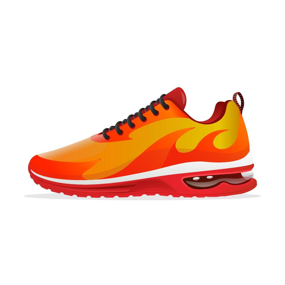 running shoes vector illustration with fire shape yellow and red  isolated on white background