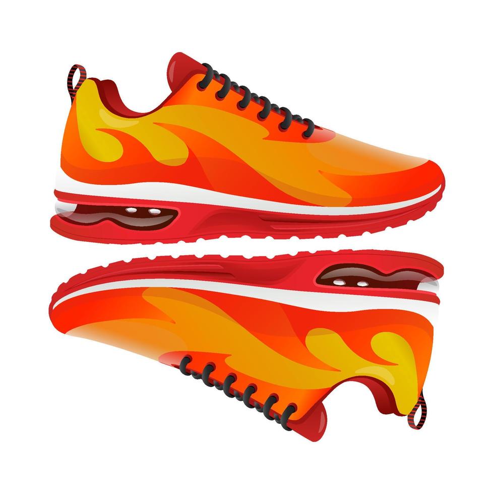 running shoes vector illustration with fire shape yellow and red  isolated on white background