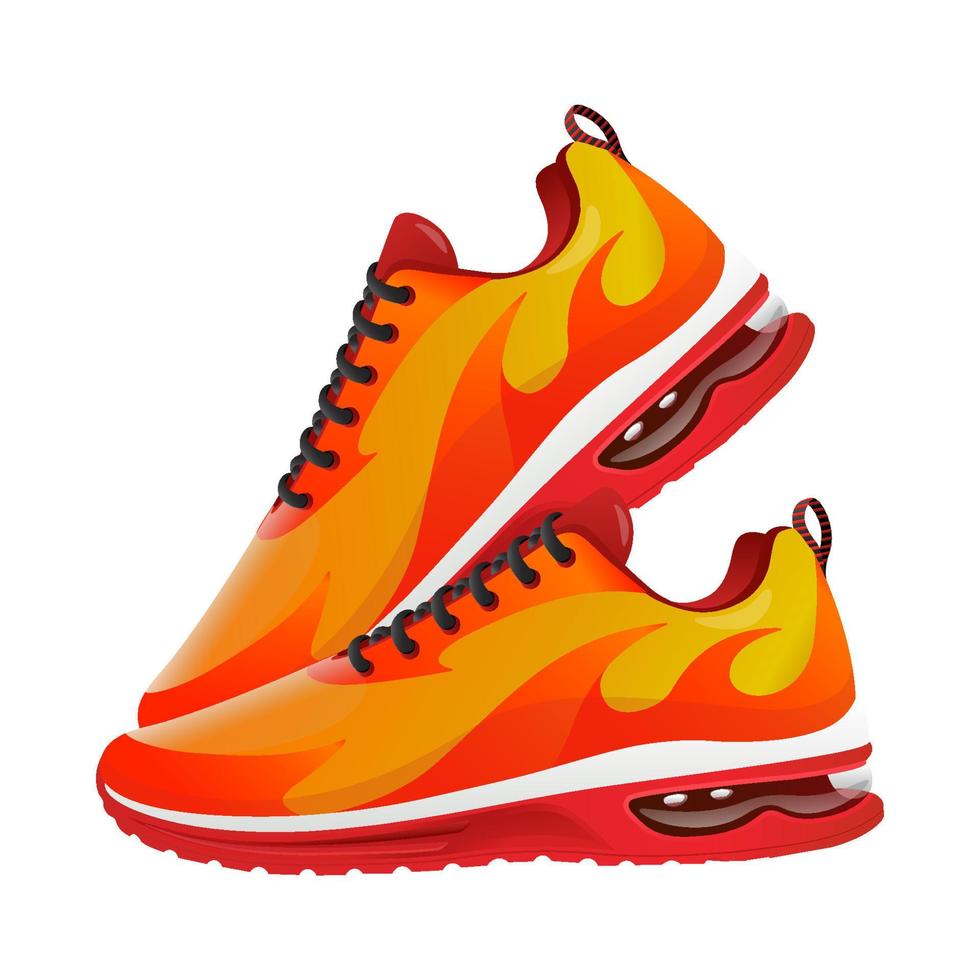 running shoes vector illustration with fire shape yellow and red  isolated on white background