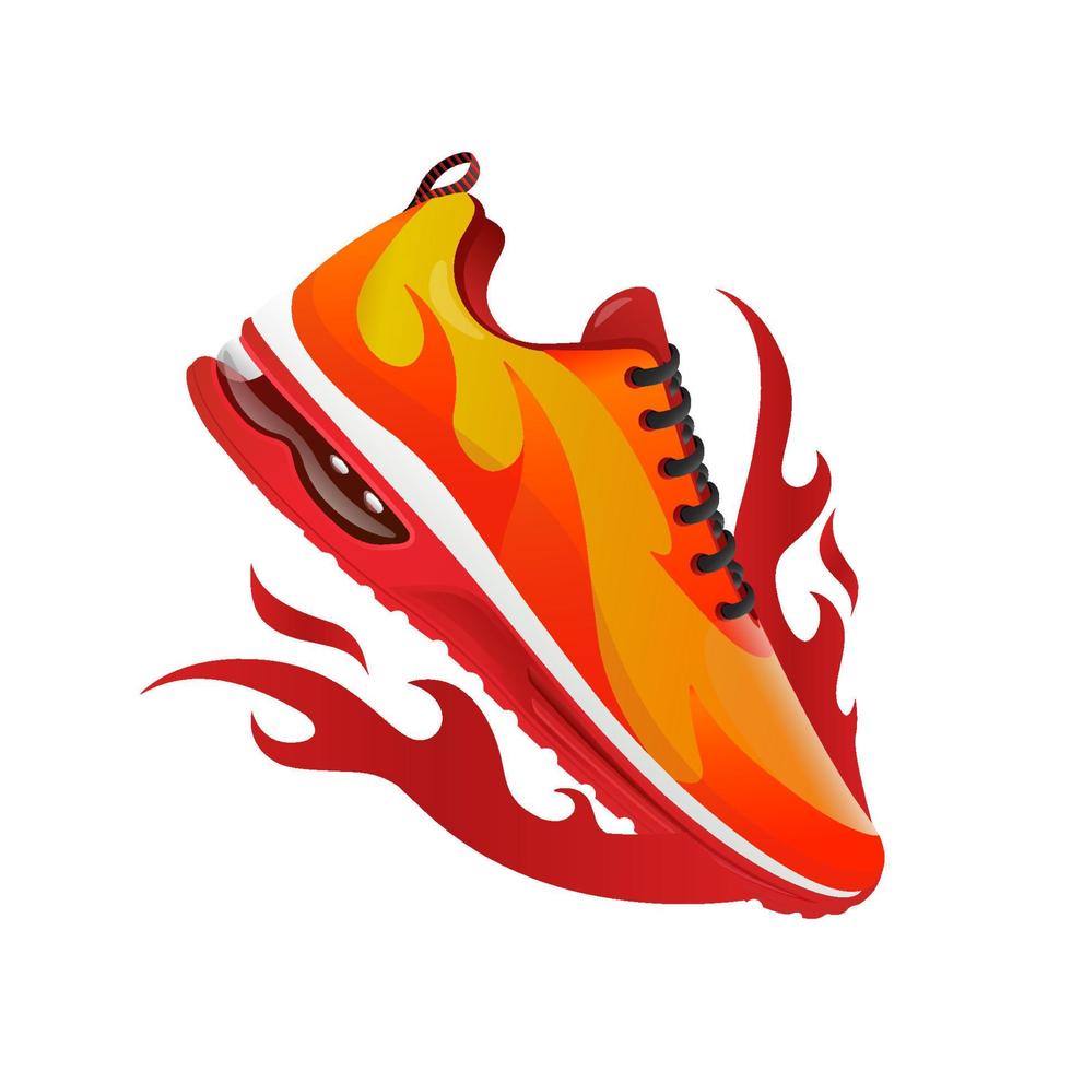 running shoes vector illustration with fire shape yellow and red  isolated on white background