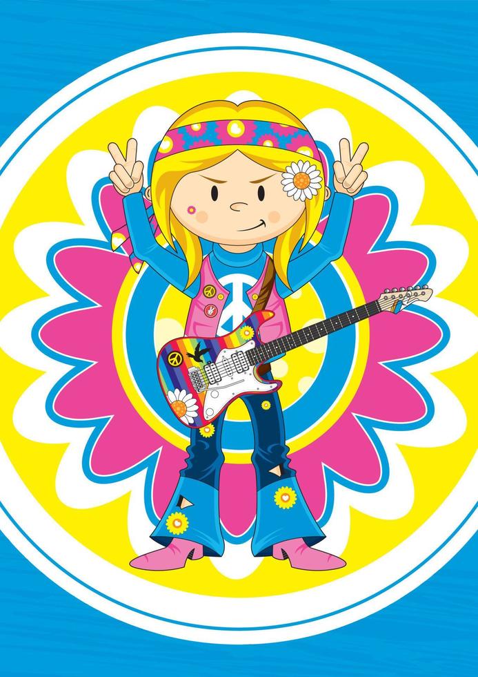 dibujos animados sesenta hippie niña con eléctrico guitarra vector