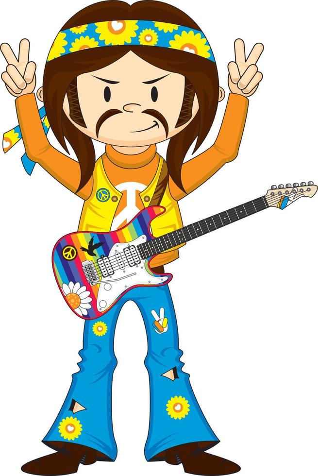 dibujos animados sesenta hippie personaje con eléctrico guitarra vector