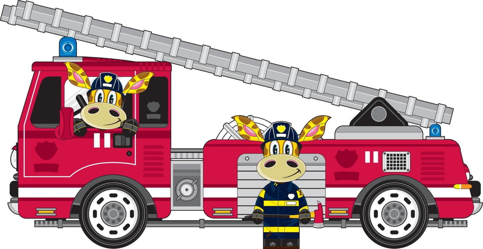 Cute Cartoon Giraffe Firemen and Fire Engine vector