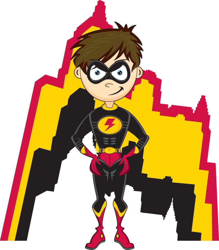 Cartoon Heroic Masked Superhero Character and Skyscraper vector