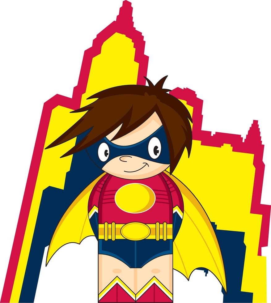 Cartoon Heroic Superhero Character and Skyscraper vector