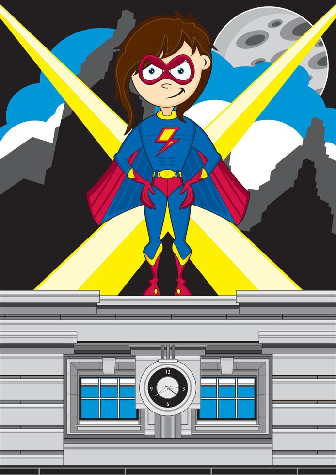 dibujos animados heroico superhéroe niña en techo vector