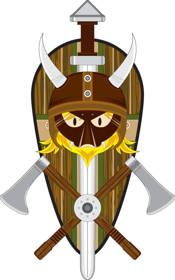 linda dibujos animados vikingo guerrero con proteger vector