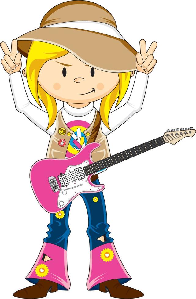 dibujos animados sesenta hippie niña con eléctrico guitarra vector