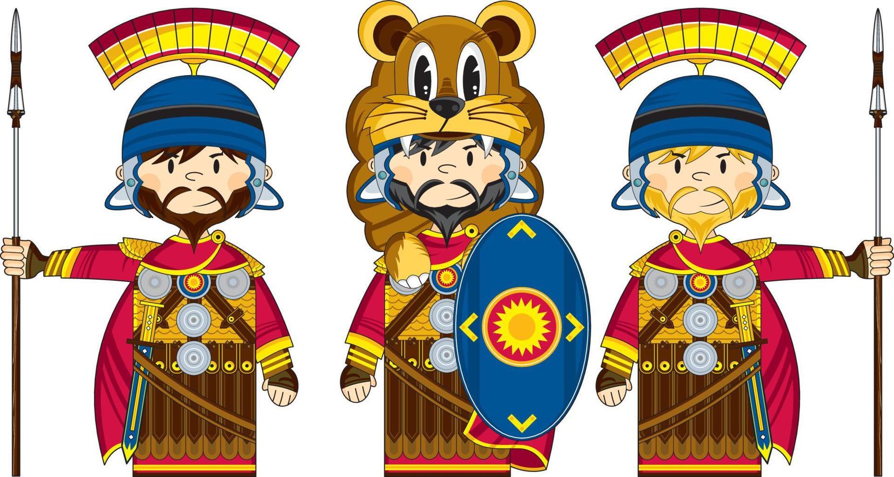 Tres linda dibujos animados romano centuriones historia ilustración vector