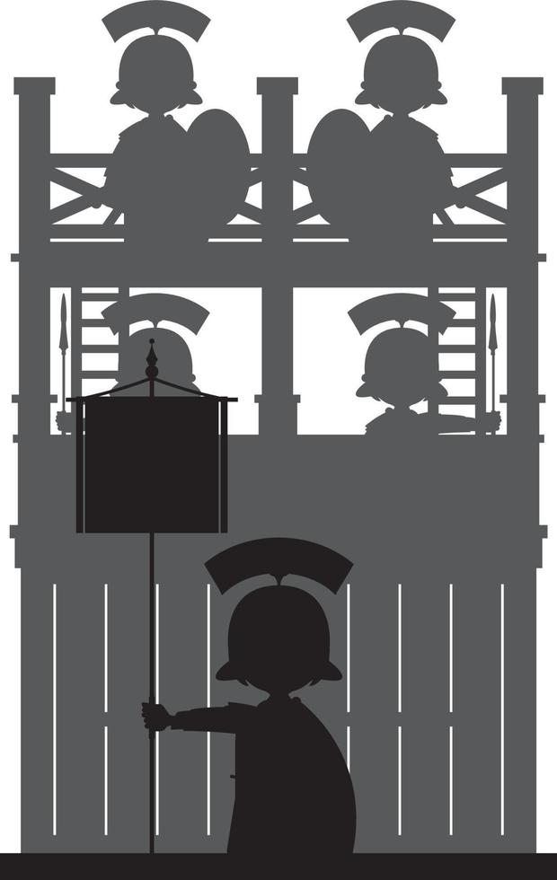 Roman Soldier with Banner Flag at Tower Fort Silhouette - History Illustration vector