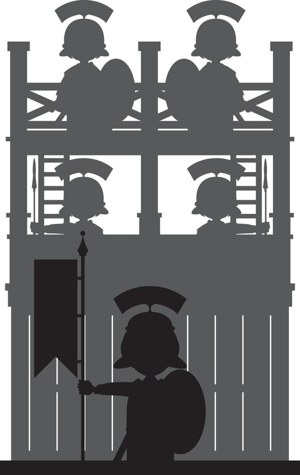 Roman Soldier with Banner Flag at Tower Fort Silhouette - History Illustration vector