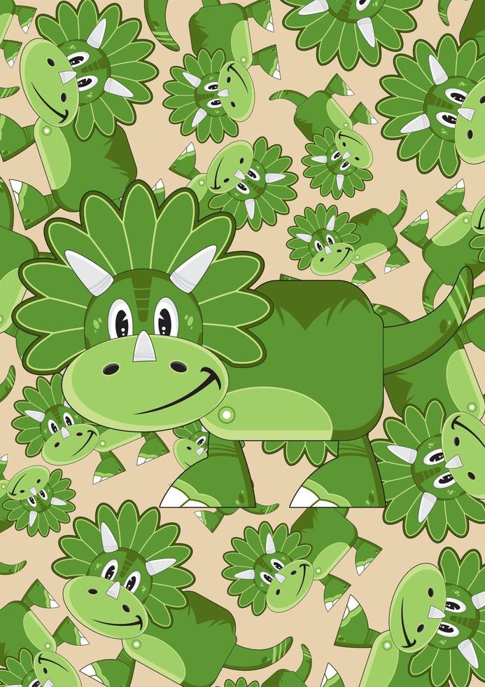 Cartoon Green Cretaceous Period Triceratops Dinosaur on Patterned Background vector