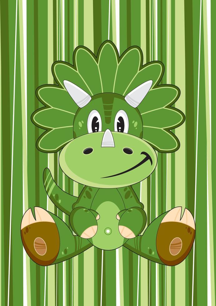 Cartoon Green Cretaceous Period Triceratops Dinosaur on Striped Background vector