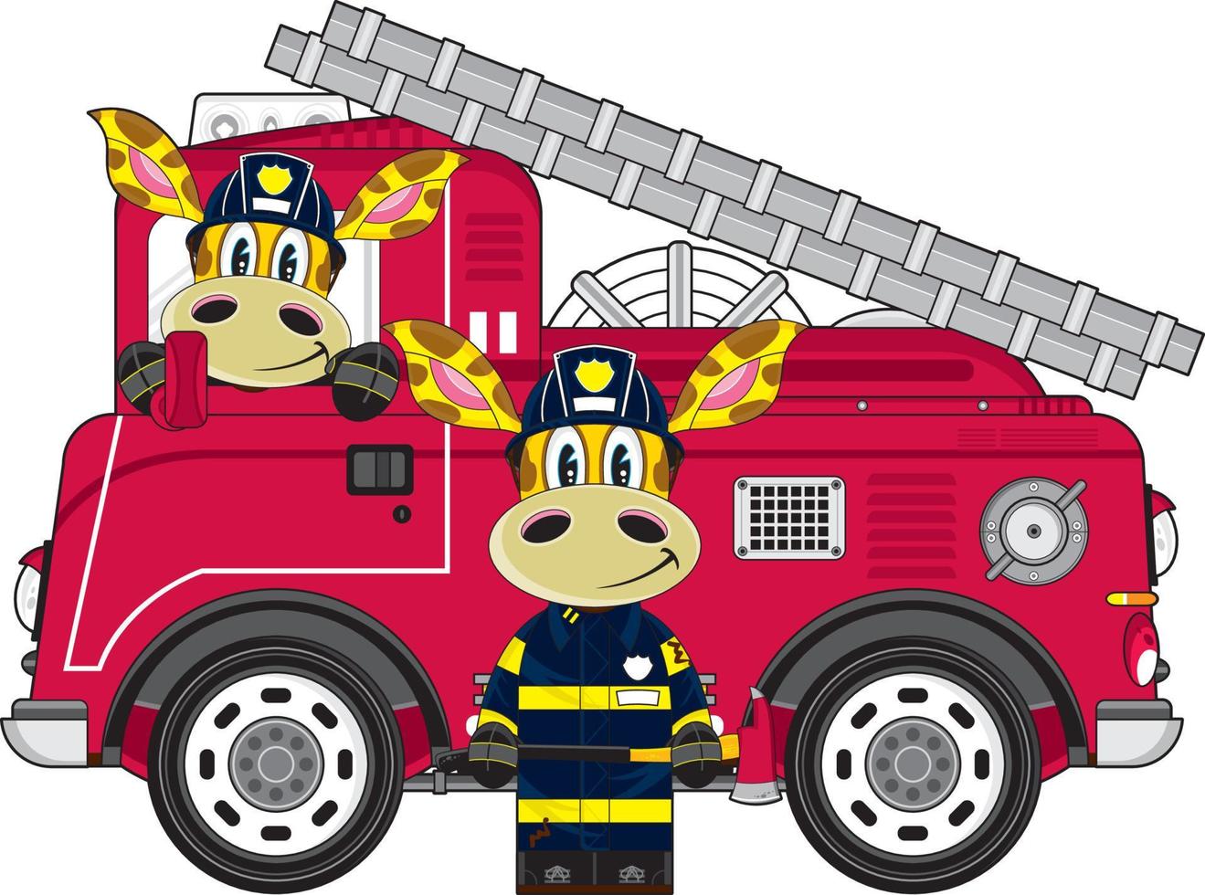 linda dibujos animados jirafa bomberos y fuego motor vector