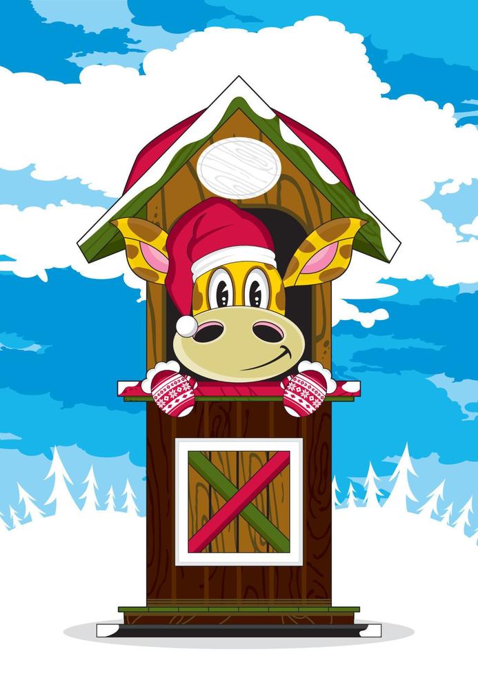 linda dibujos animados Papa Noel claus Navidad jirafa en choza vector