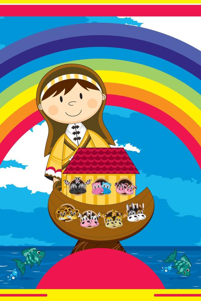 Noé esposa y el arca con animales dos por dos - bíblico ilustración vector