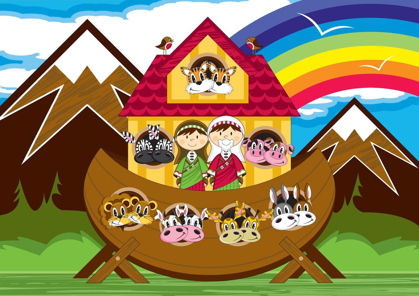 Noah and the Ark with Animals Two by Two - Biblical Illustration vector
