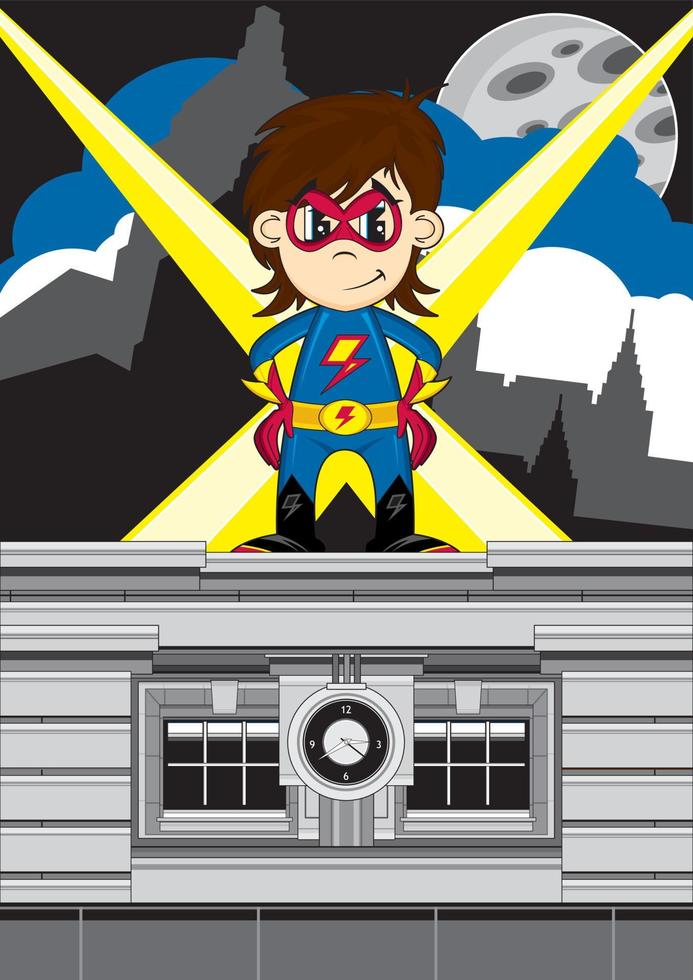 Cartoon Heroic Superhero Character on Rooftop vector