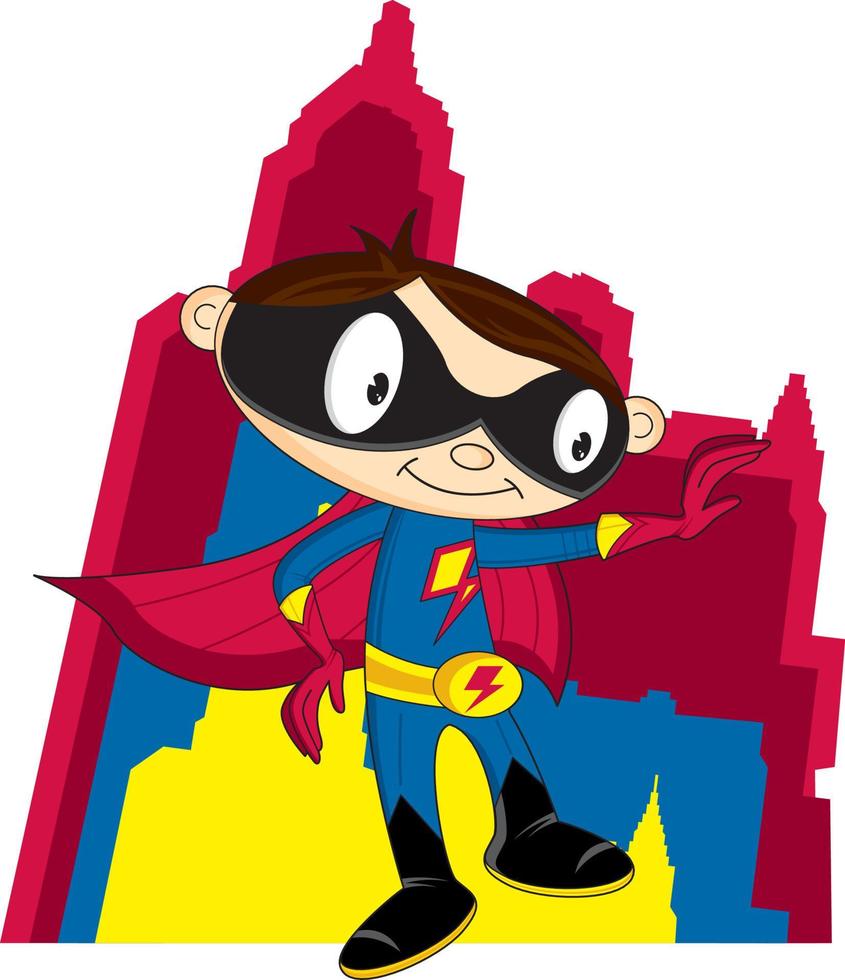 Cartoon Heroic Superhero Character and Skyscrapers vector