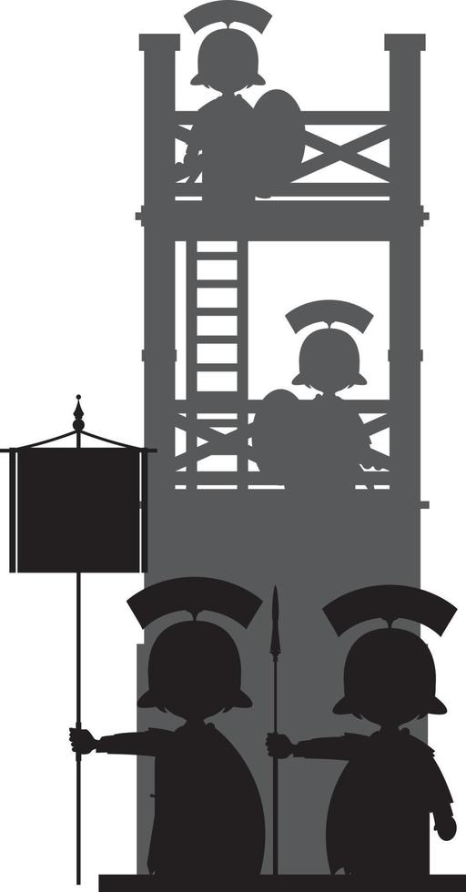 Roman Soldier with Flag at Tower Silhouette - History Illustration vector