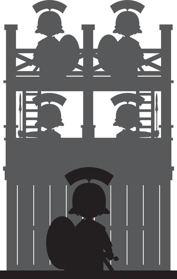 Cartoon Roman Soldier at Tower Fort Silhouette - History Illustration vector