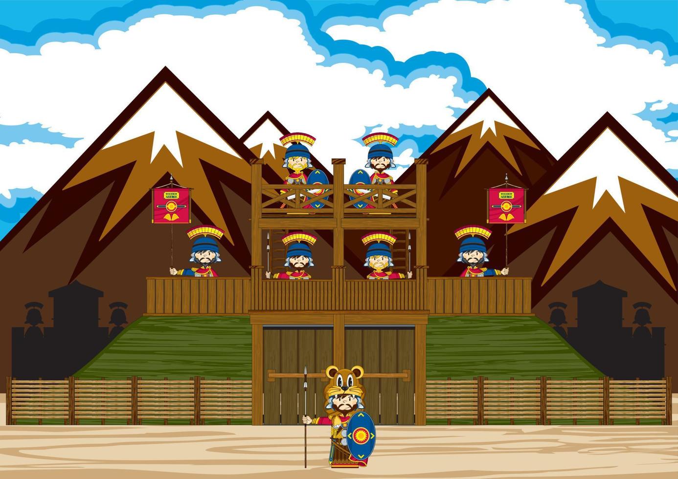 Cute Cartoon Roman Soldiers at Tower Fort History Illustration vector