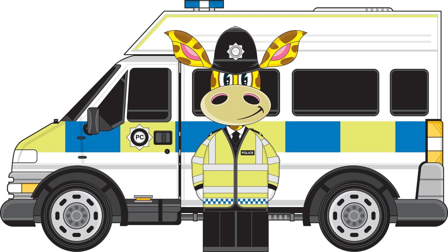 Cartoon Classic British Giraffe Policeman and Police Van vector