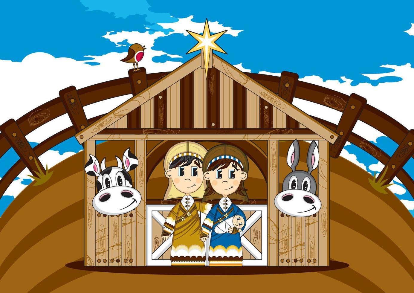 dibujos animados María y Joseph con bebé Jesús a estable ilustración vector