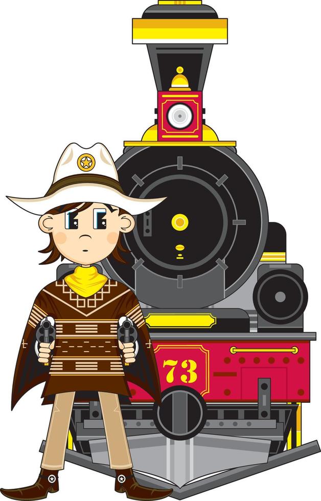 linda dibujos animados salvaje Oeste vaquero alguacil en poncho con vapor tren vector