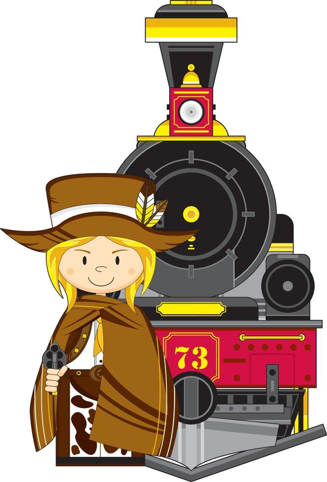 linda dibujos animados salvaje Oeste vaquero pistolero en poncho con vapor tren vector