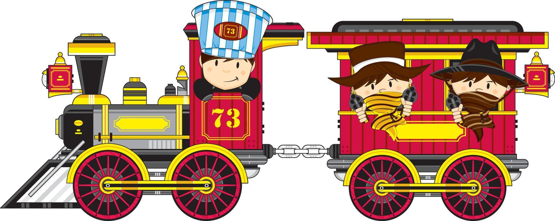 Cute Cartoon Wild West Cowboy Gunslingers in Steam Train vector