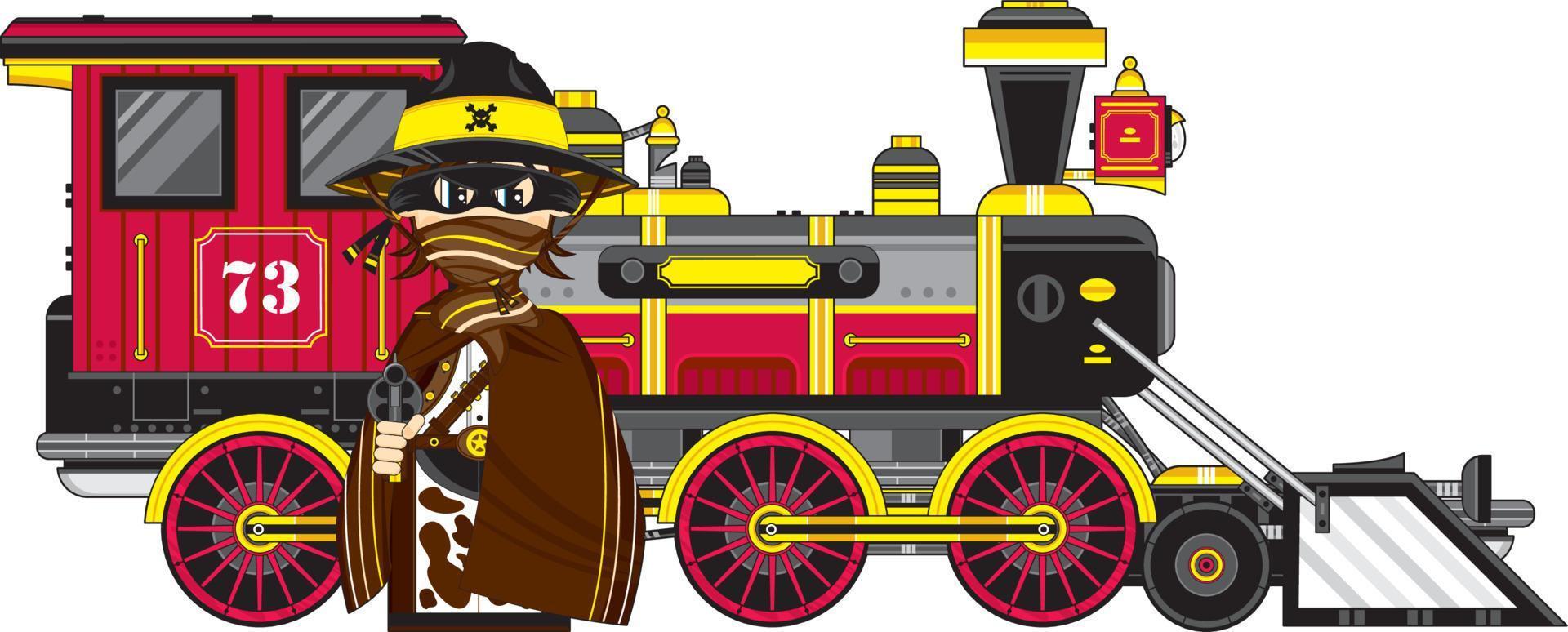 linda dibujos animados salvaje Oeste vaquero pistolero en poncho con vapor tren vector