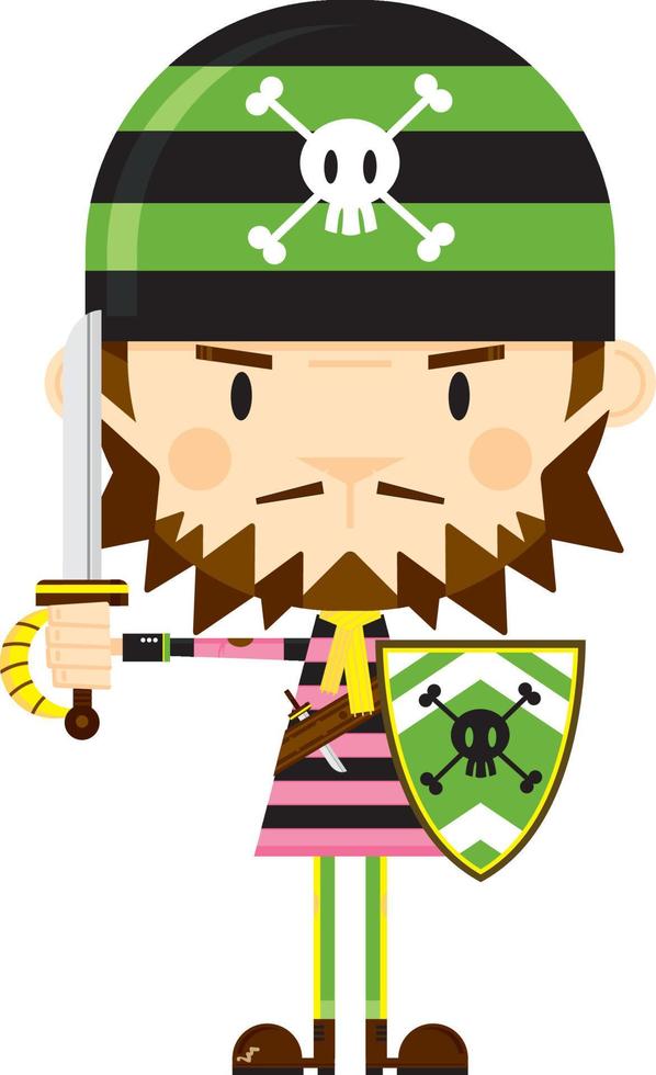 Cartoon Swashbuckling Pirate with Sword and Shield vector