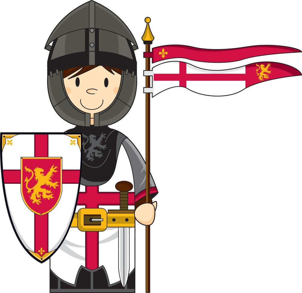 Cute Cartoon Brave Medieval Knight with Shield and Flag vector